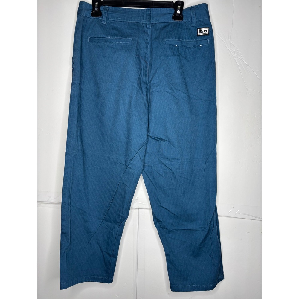 Obey Worldwide Big Fits Pants Mens 32 Teal Blue Herringbone Wide Leg Trousers